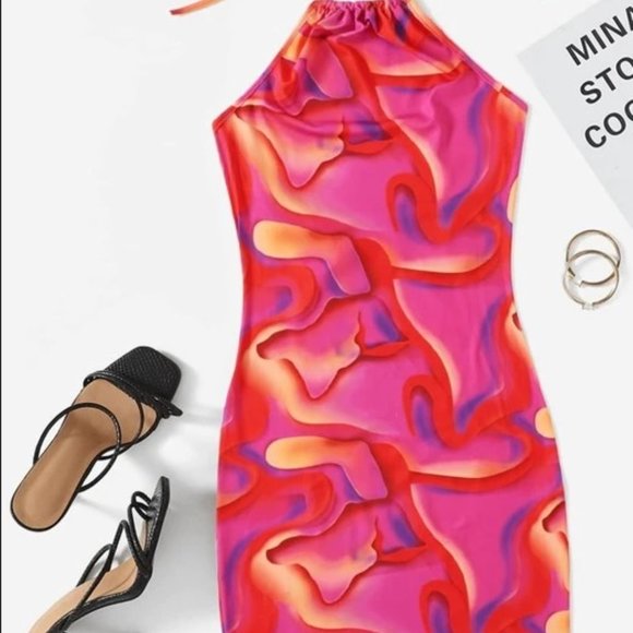 WOMENS - NWOT XS SHEIN ICON Splash Print Tie Back Bodycon Dress pink red orange - Picture 1 of 10